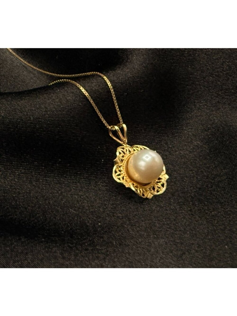 Vintage 14K Gold Filigree Pendant With Pearl & 10K Gold Chain Necklace